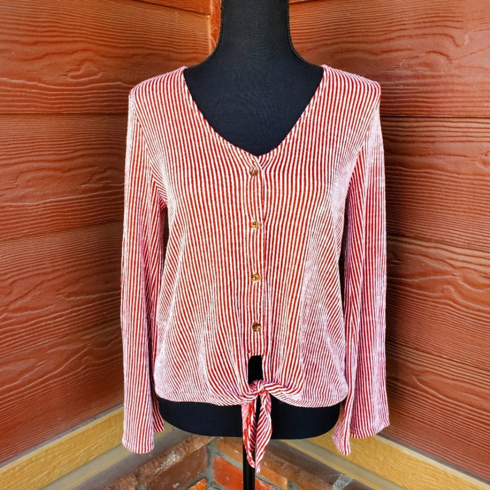 Alya Women's Ribbed Flared Sleeve Top Small Red White Stripe Tie Front Button Up